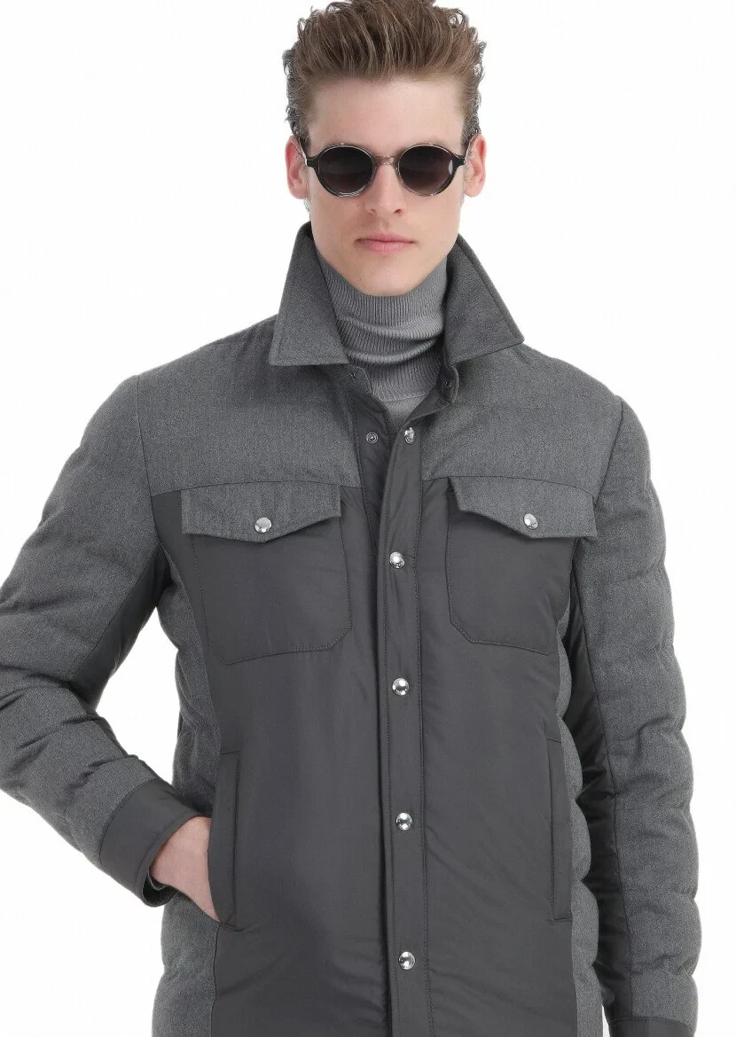 Koyu Gri Comfort Fit Gömlek Yaka Casual Dokuma Mont - 5