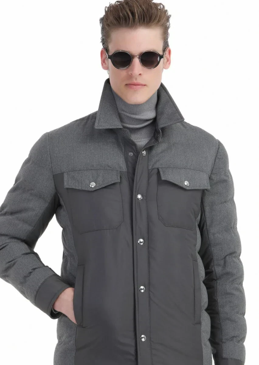 Koyu Gri Comfort Fit Gömlek Yaka Casual Dokuma Mont - 5
