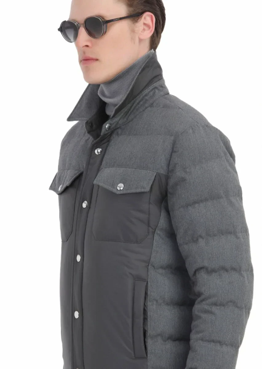 Koyu Gri Comfort Fit Gömlek Yaka Casual Dokuma Mont - 6