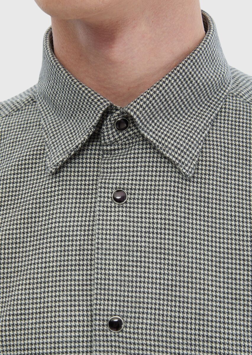 Koyu Gri Desenli Casual Fit Uzun Dokuma Casual %100 Pamuk Gömlek - 3