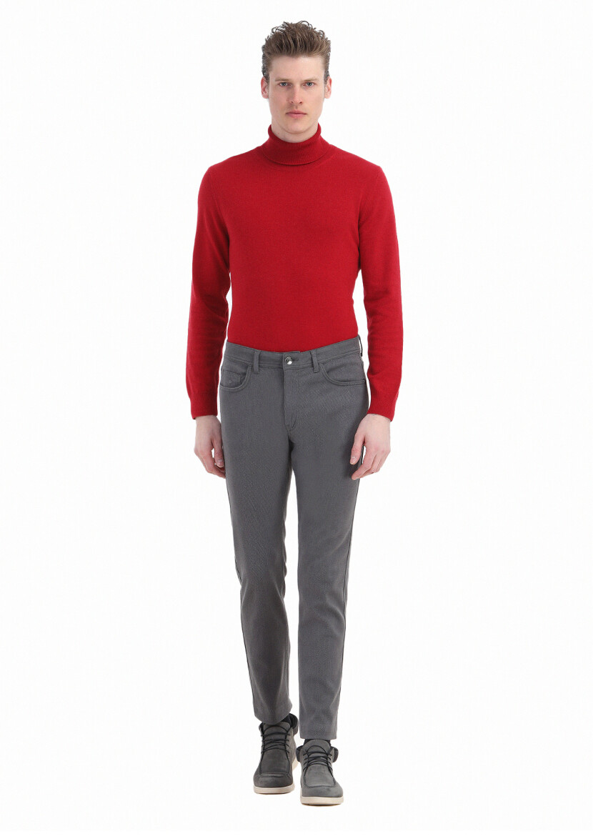 Koyu Gri Desenli Dokuma Slim Fit Casual Pamuk Karışımlı Pantolon - RAMSEY