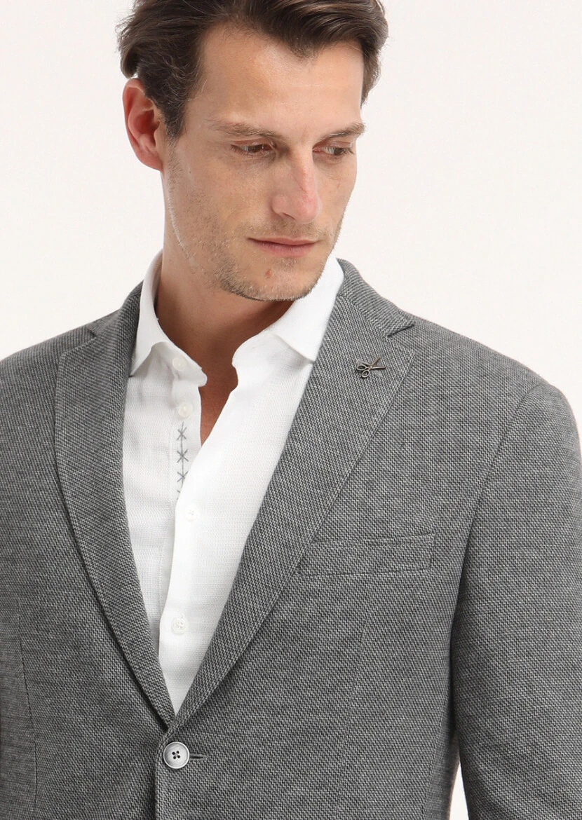 Koyu Gri Desenli Zeroweight Slim Fit Yün Karışımlı Örme Ceket - 3