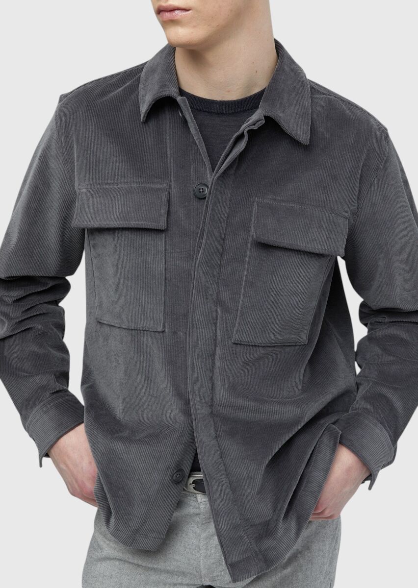 Koyu Gri Düz Casual Fit Uzun Dokuma Kadife %100 Pamuk Overshırt - 4