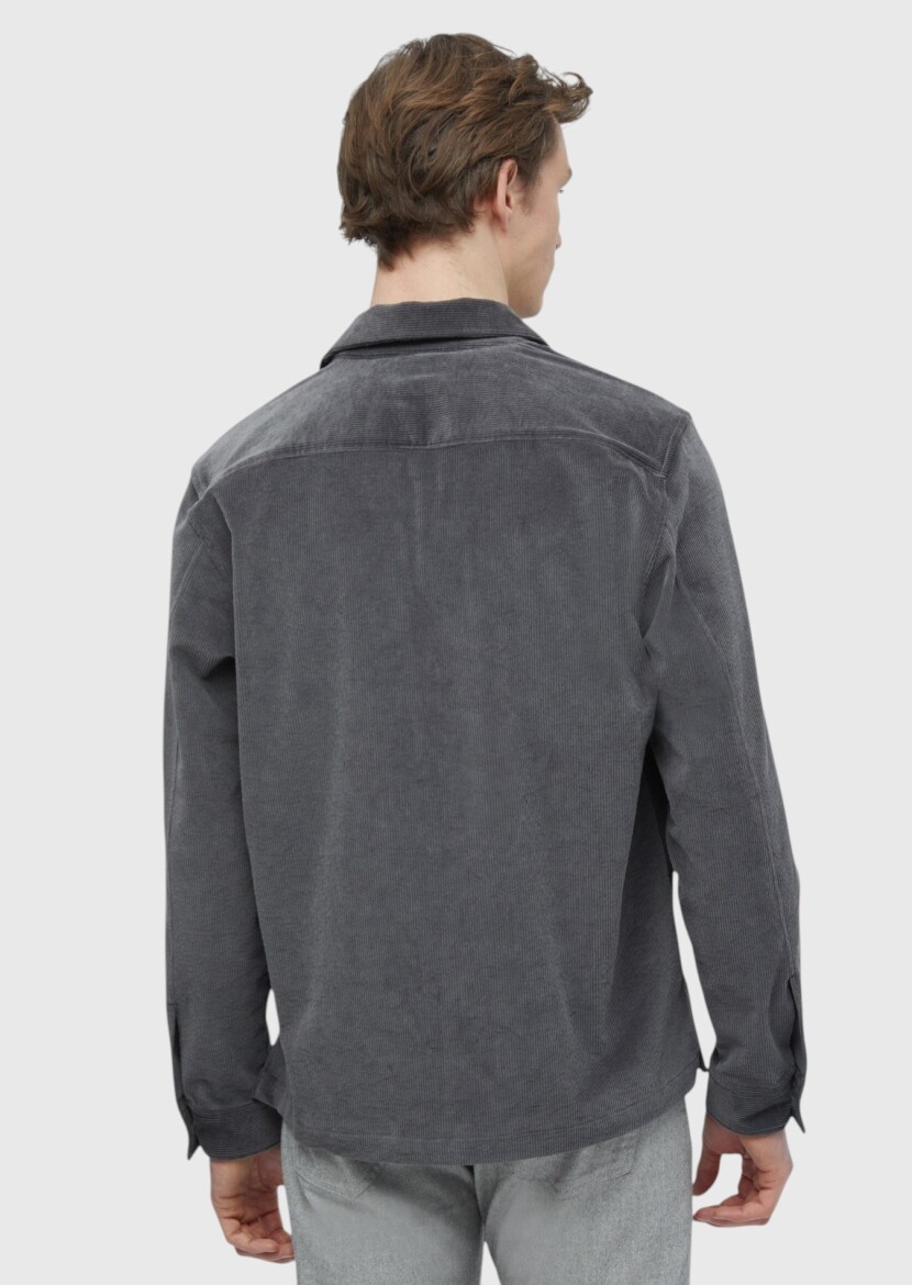 Koyu Gri Düz Casual Fit Uzun Dokuma Kadife %100 Pamuk Overshırt - 8