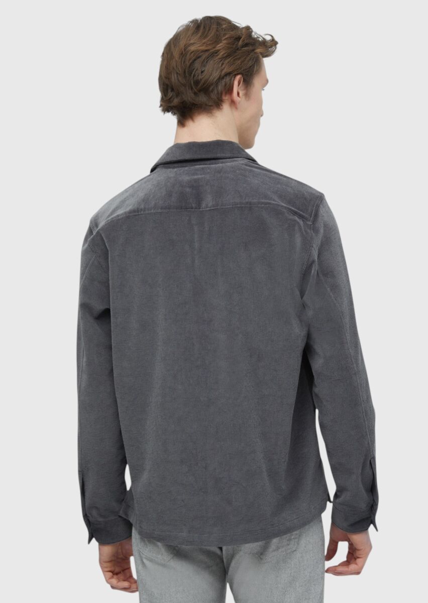 Koyu Gri Düz Casual Fit Uzun Dokuma Kadife %100 Pamuk Overshırt - 8