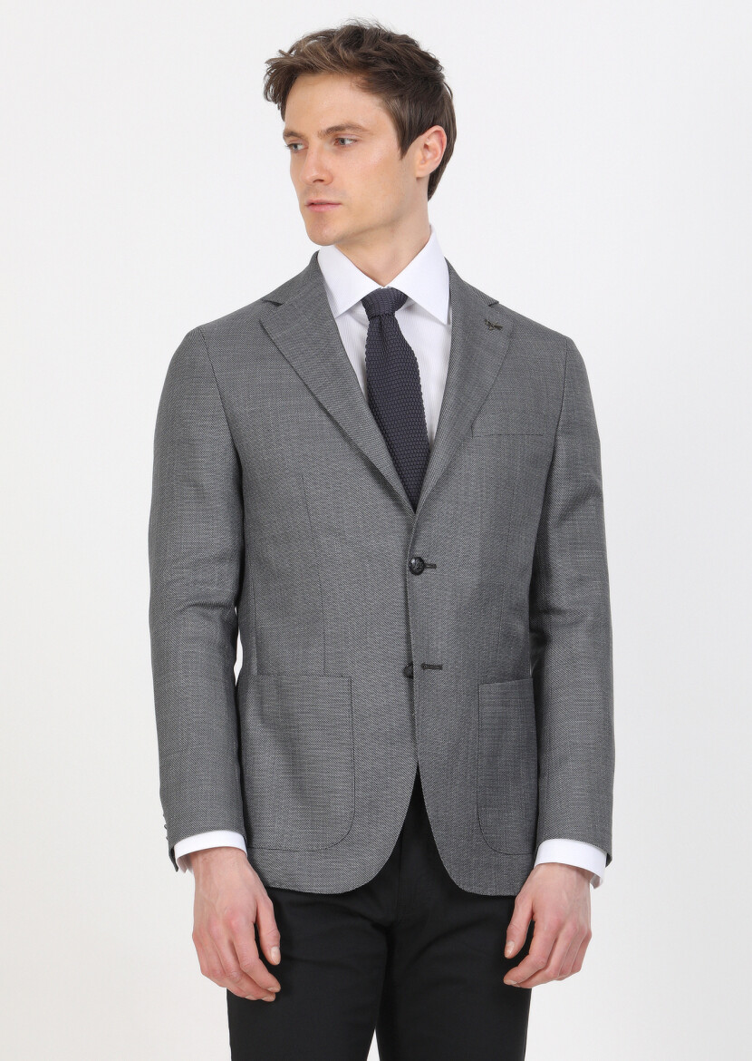 Koyu Gri Düz Comfort Fit İpek Karışımlı Ceket - 1