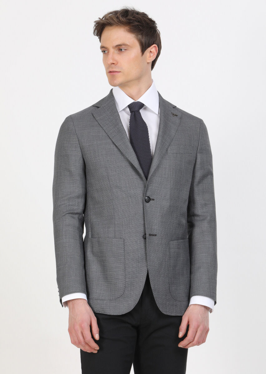 Koyu Gri Düz Comfort Fit İpek Karışımlı Ceket - 1