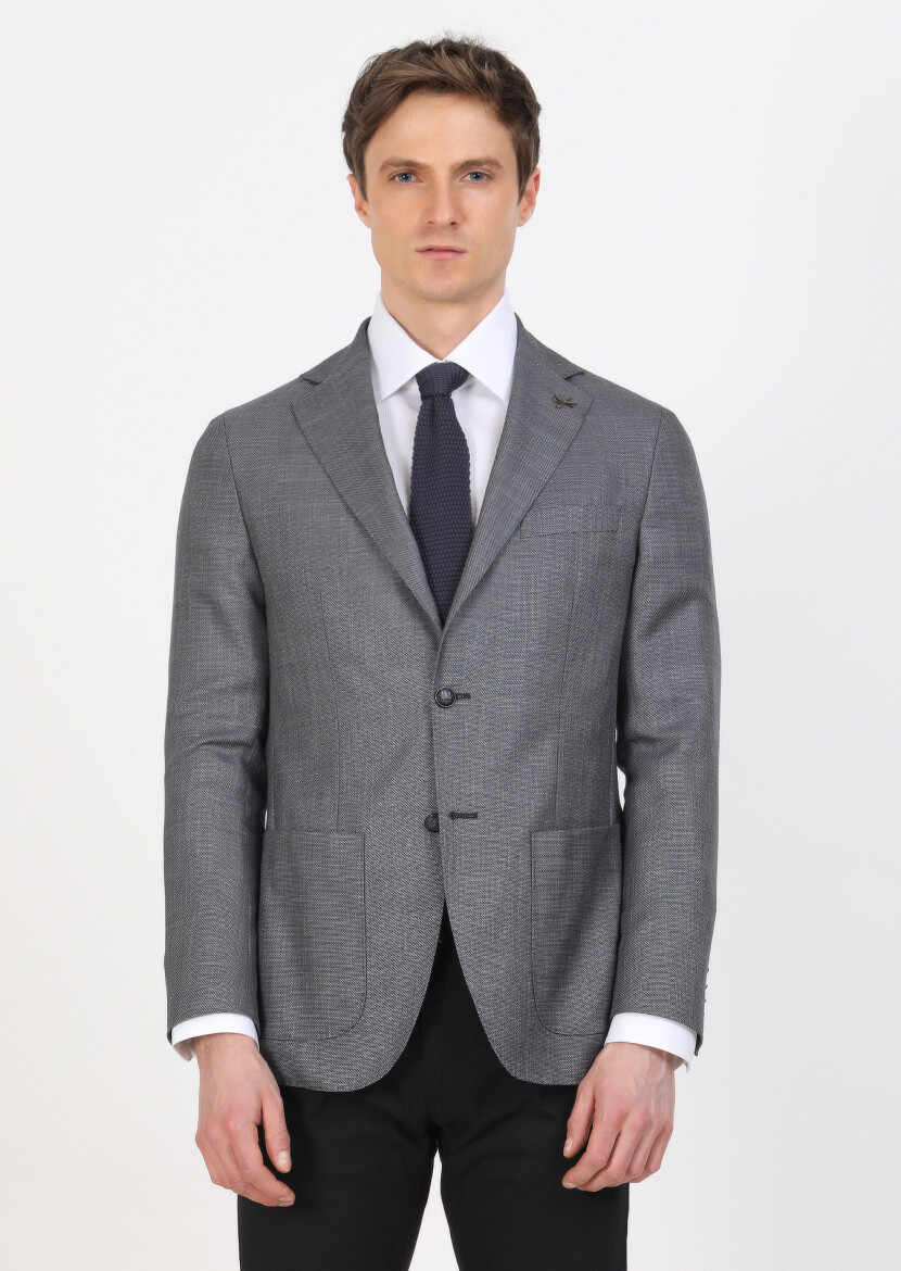 Koyu Gri Düz Comfort Fit İpek Karışımlı Ceket - 2