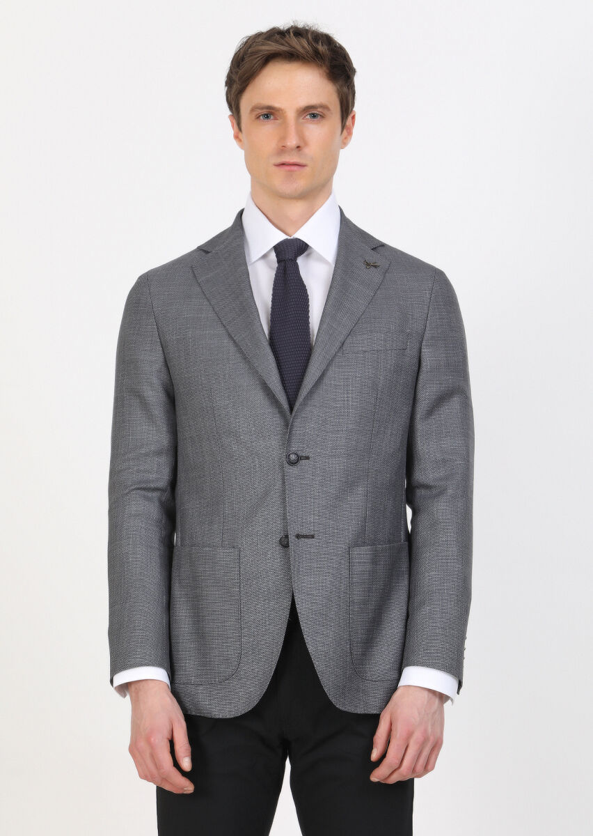 Koyu Gri Düz Comfort Fit İpek Karışımlı Ceket - 2