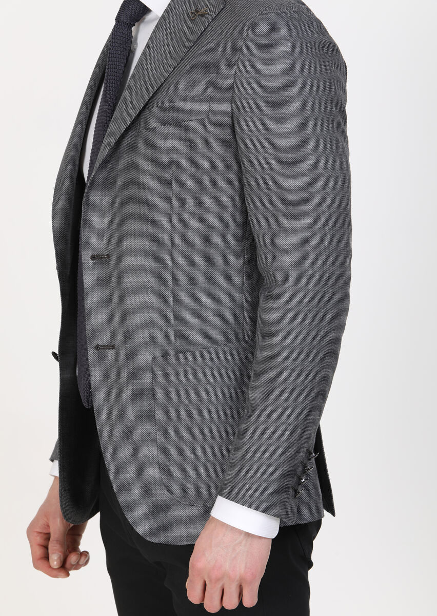 Koyu Gri Düz Comfort Fit İpek Karışımlı Ceket - 3