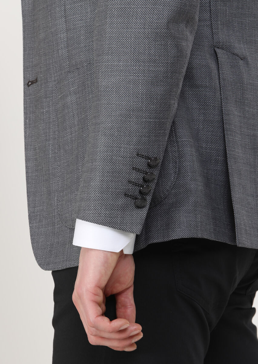 Koyu Gri Düz Comfort Fit İpek Karışımlı Ceket - 4