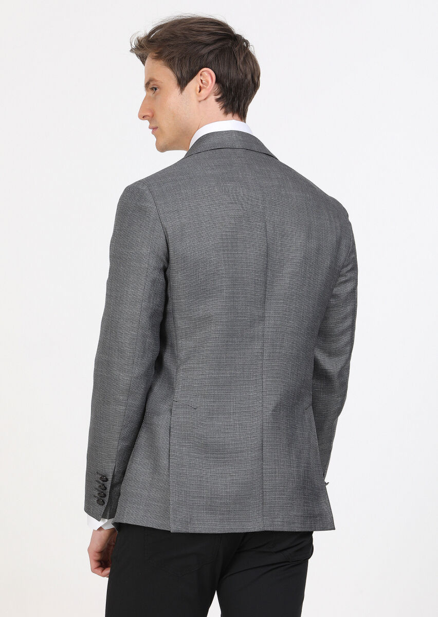 Koyu Gri Düz Comfort Fit İpek Karışımlı Ceket - 5