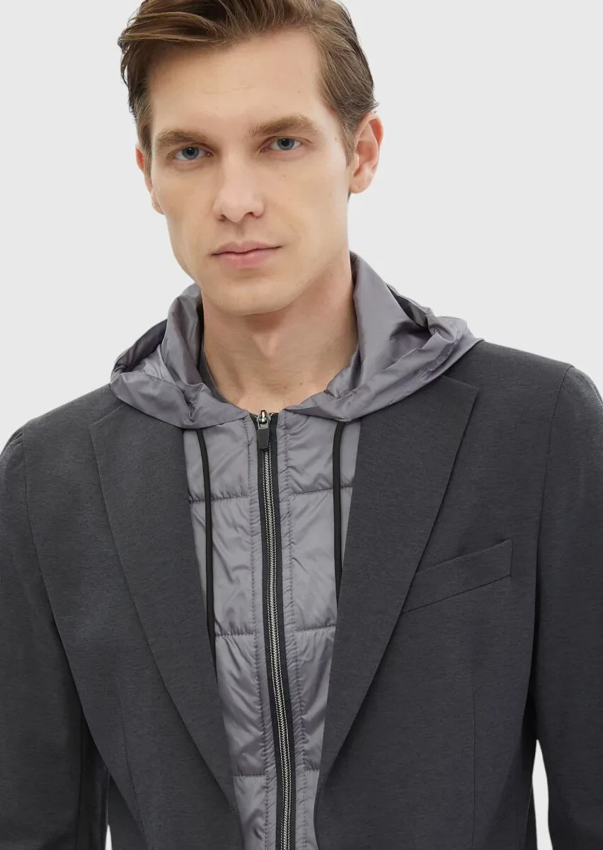 Koyu Gri Düz Comfort Fit Örme Takım Elbise - 3