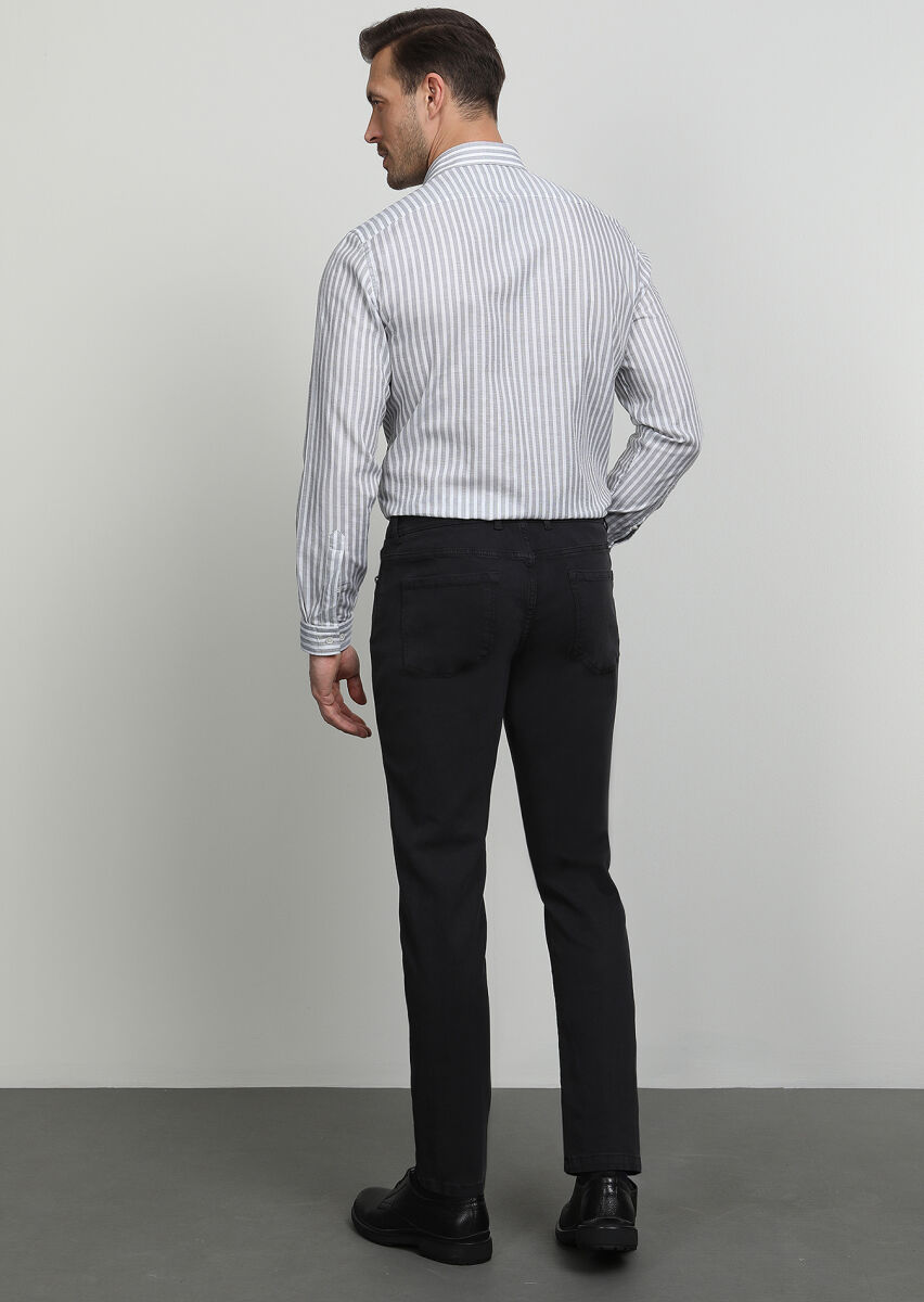 Koyu Gri Düz Dokuma Slim Fit Casual Pamuk Karışımlı Pantolon - 4