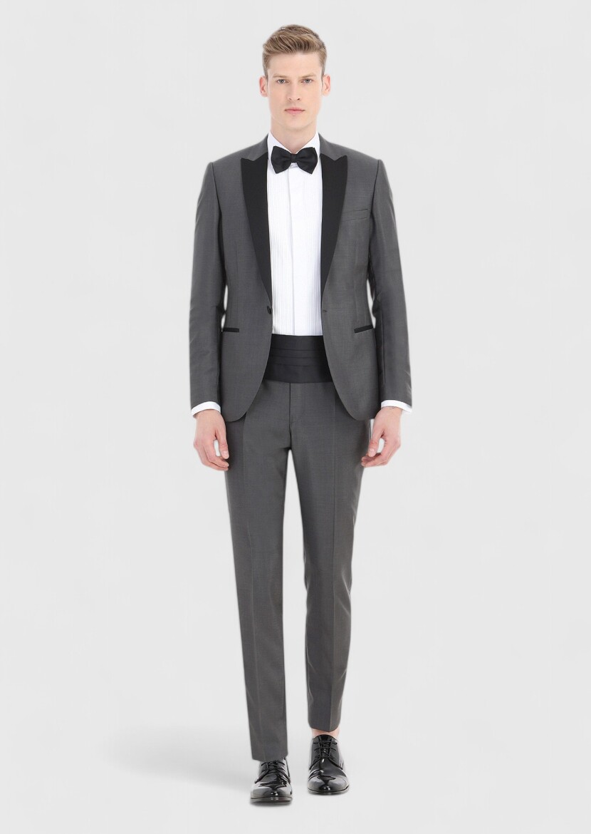 Koyu Gri Düz Fashion Slim Fit Kruvaze Yaka Dokuma Smokin Takım Elbise - 1