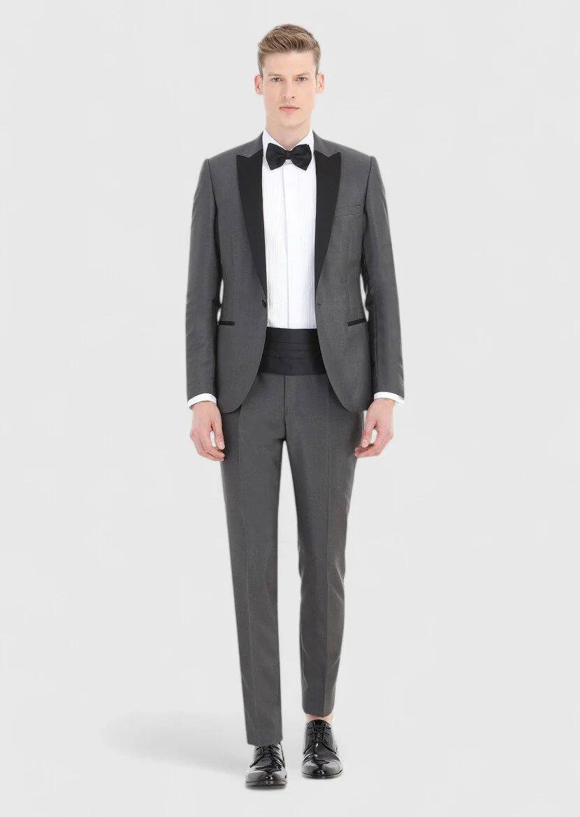 Koyu Gri Düz Fashion Slim Fit Kruvaze Yaka Dokuma Smokin Takım Elbise - 1