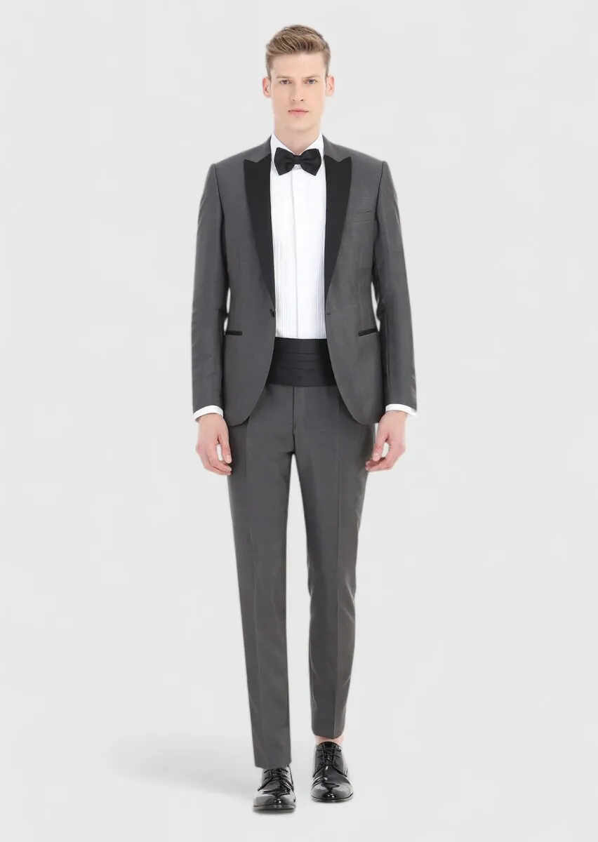 Koyu Gri Düz Fashion Slim Fit Kruvaze Yaka Dokuma Smokin Takım Elbise - 1