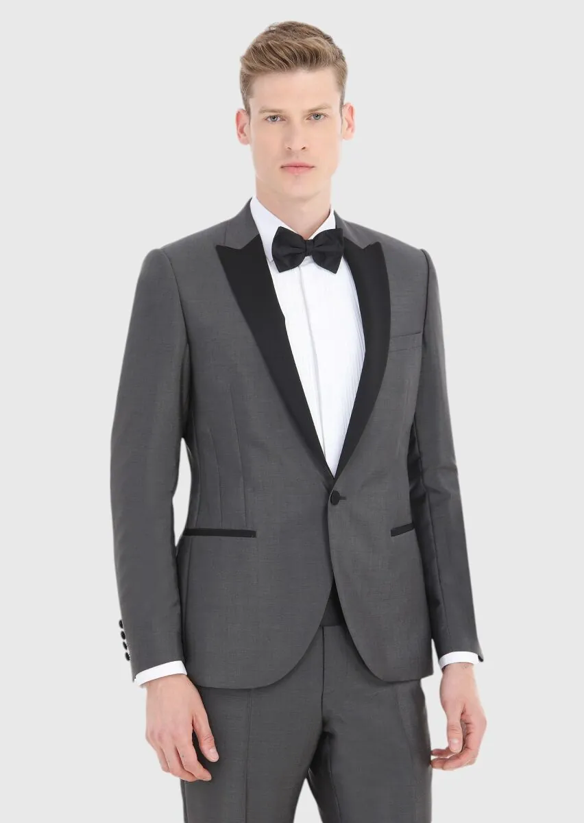Koyu Gri Düz Fashion Slim Fit Kruvaze Yaka Dokuma Smokin Takım Elbise - 2