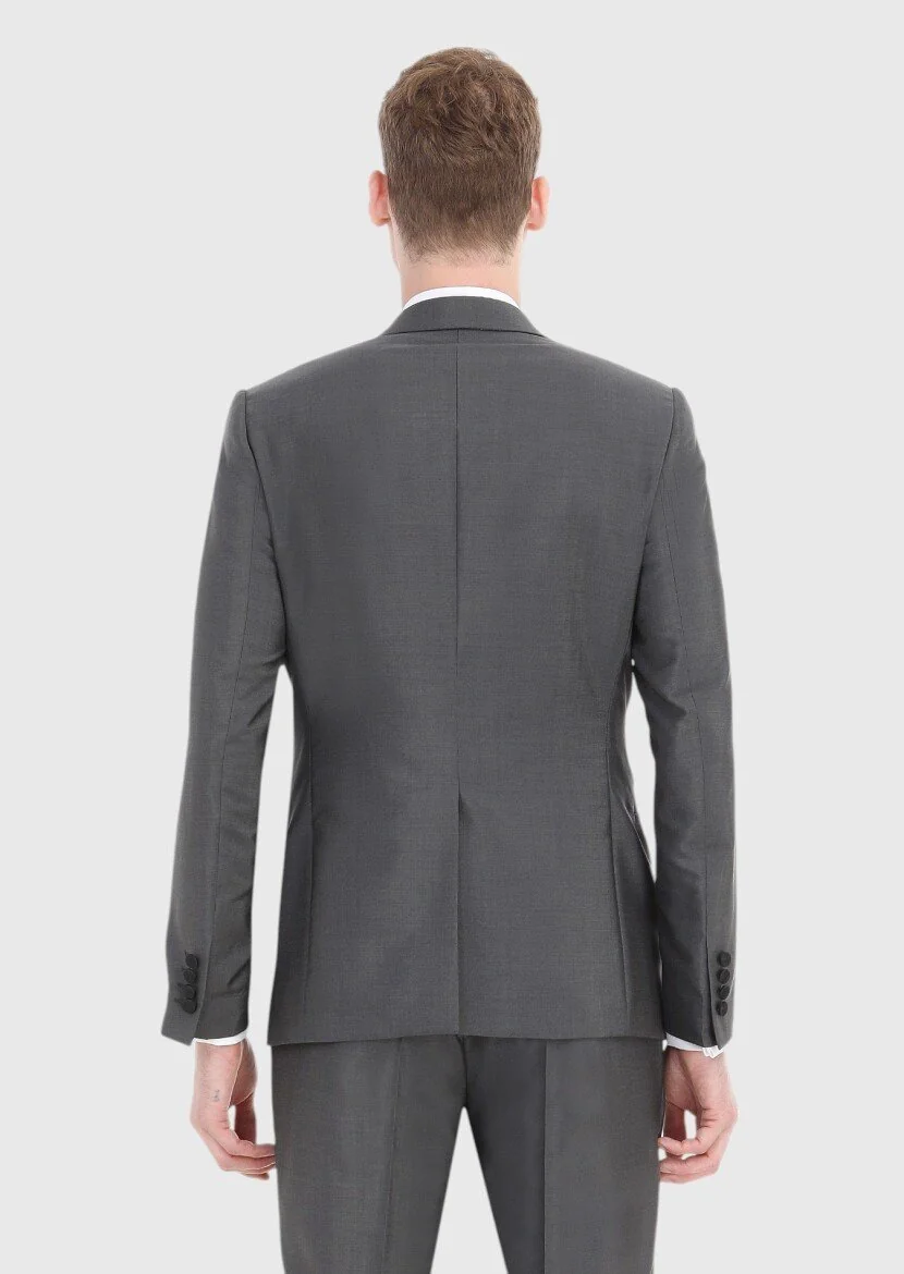 Koyu Gri Düz Fashion Slim Fit Kruvaze Yaka Dokuma Smokin Takım Elbise - 5
