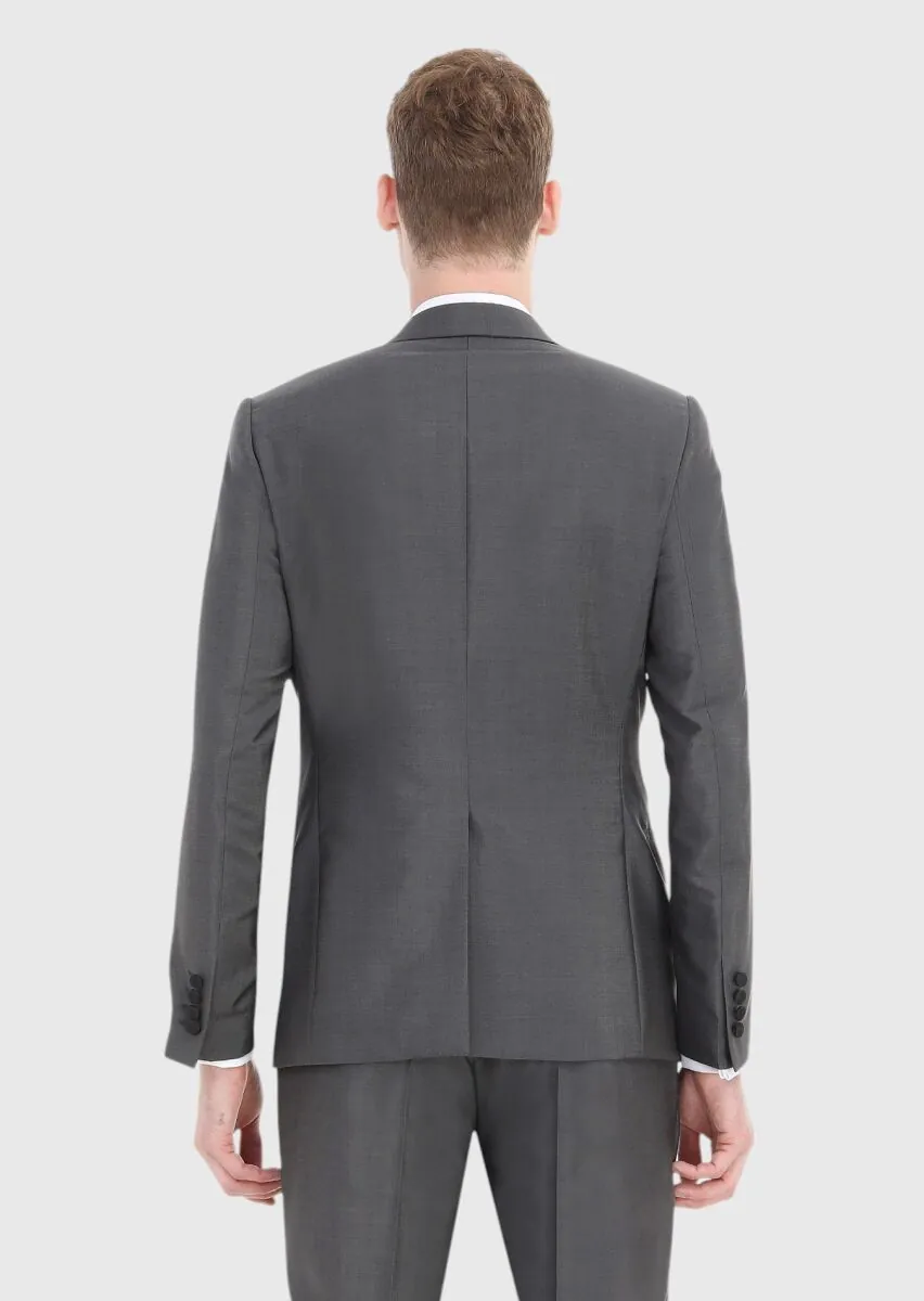 Koyu Gri Düz Fashion Slim Fit Kruvaze Yaka Dokuma Smokin Takım Elbise - 5
