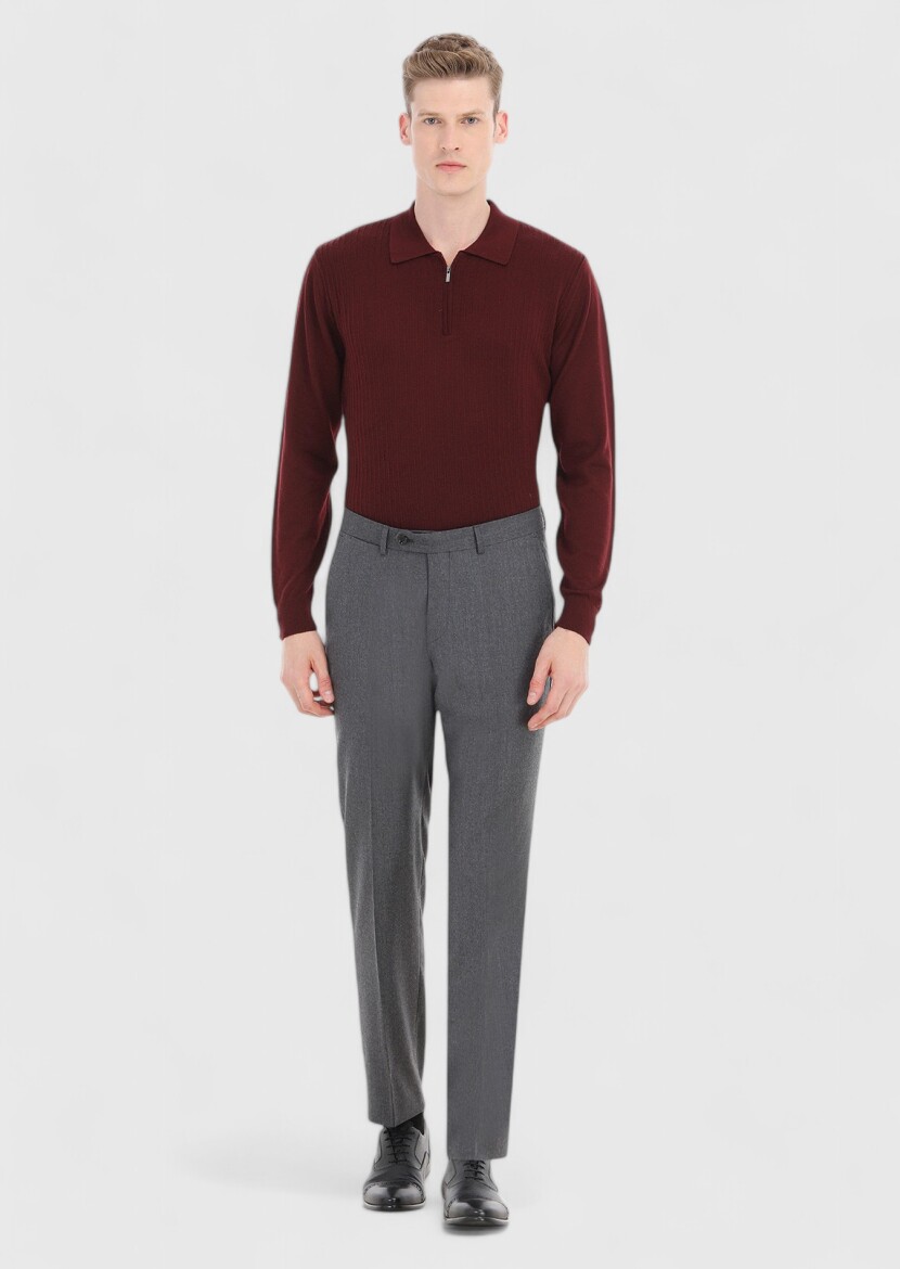 Koyu Gri Düz Kumaş Regular Fit Klasik %100 Yün Pantolon - 1