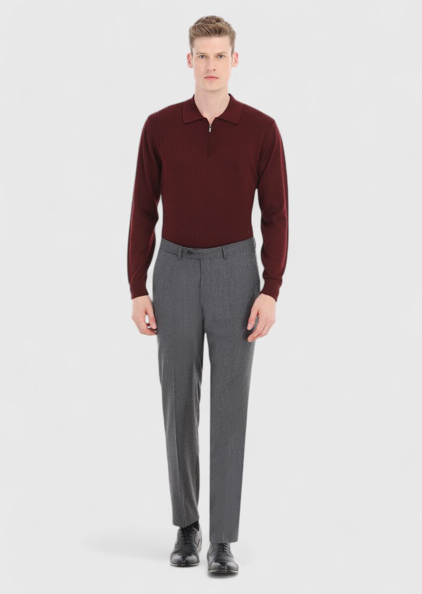 Koyu Gri Düz Kumaş Regular Fit Klasik %100 Yün Pantolon - 1