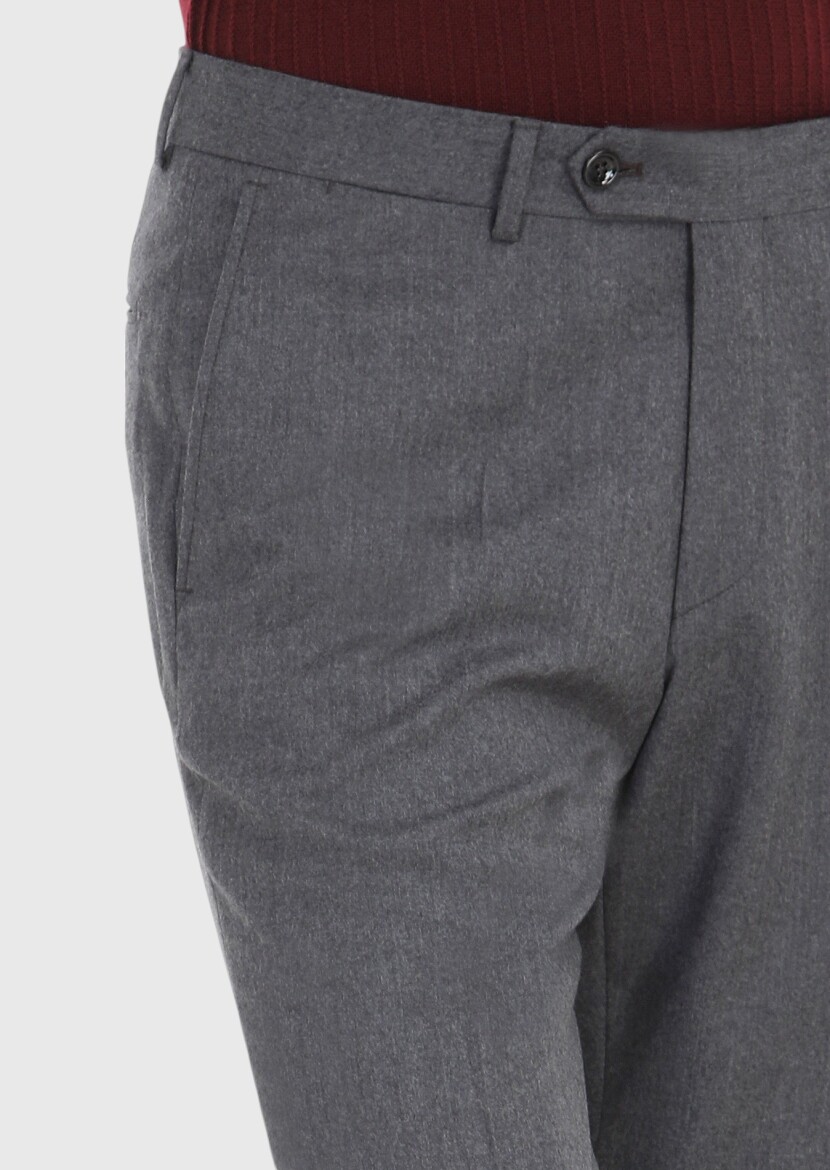 Koyu Gri Düz Kumaş Regular Fit Klasik %100 Yün Pantolon - 3