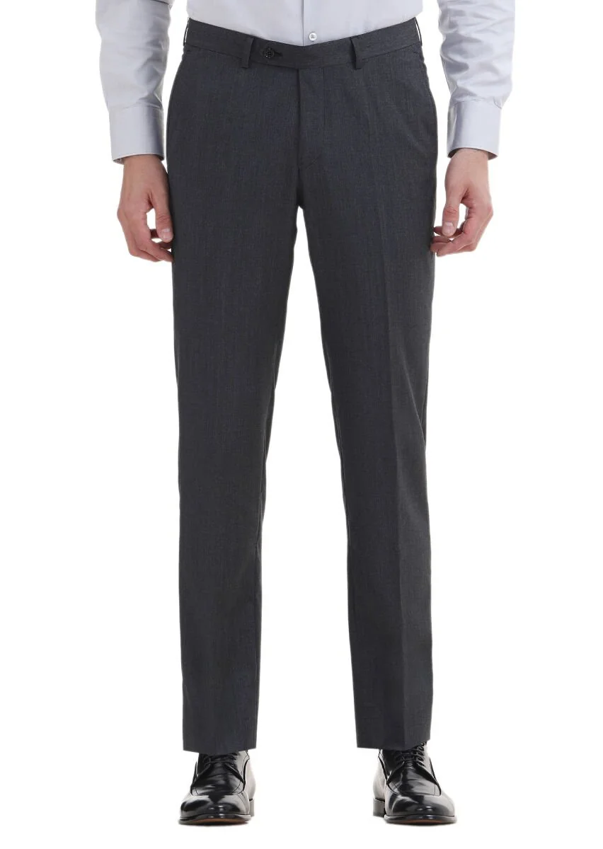 Koyu Gri Düz Kumaş Regular Fit Klasik %100 Yün Pantolon - 2