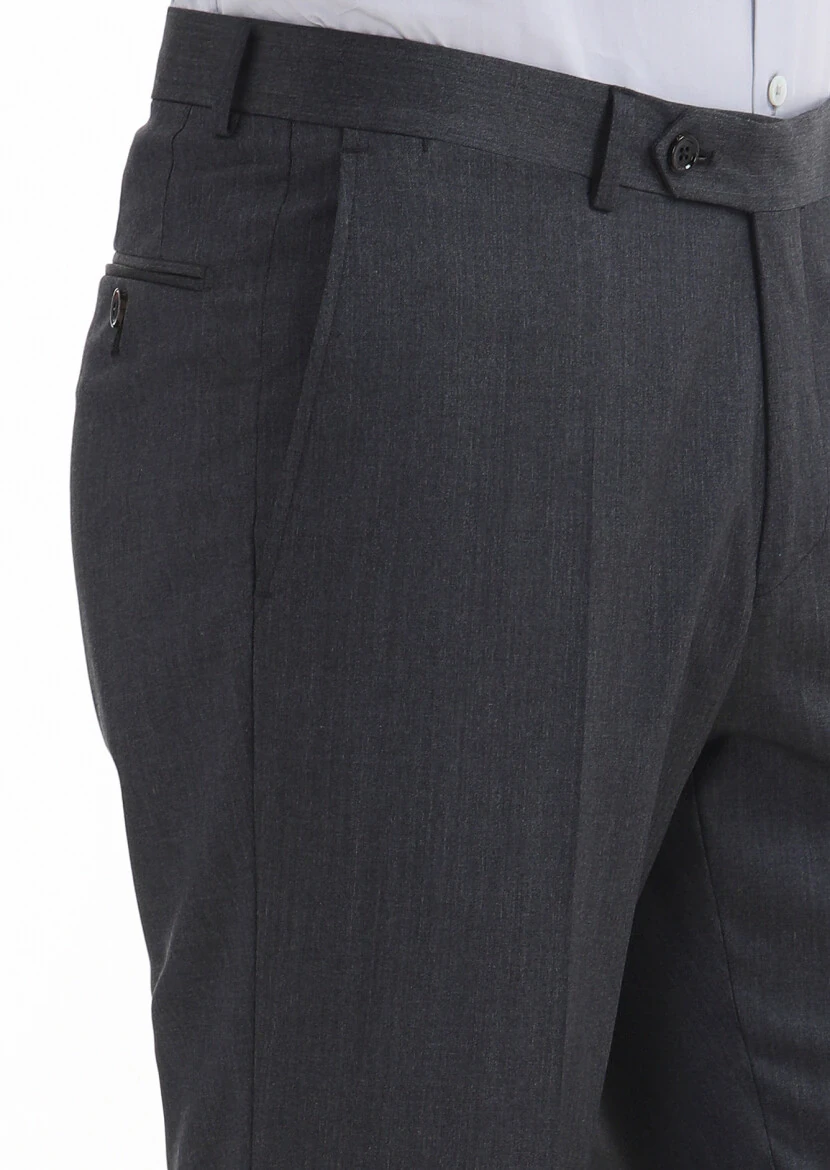 Koyu Gri Düz Kumaş Regular Fit Klasik %100 Yün Pantolon - 3