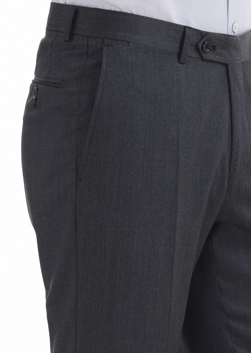 Koyu Gri Düz Kumaş Regular Fit Klasik %100 Yün Pantolon - 3