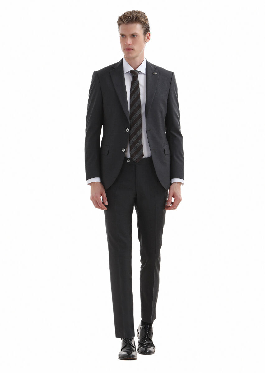Koyu Gri Düz Modern Fit %100 Yün Takım Elbise - 1