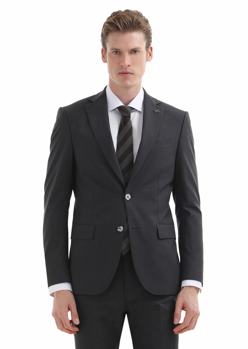Koyu Gri Düz Modern Fit %100 Yün Takım Elbise - 2