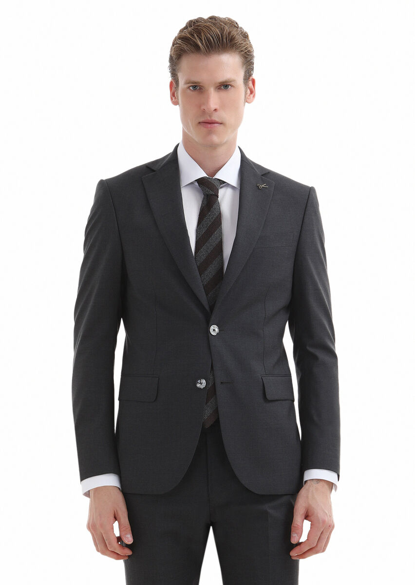 Koyu Gri Düz Modern Fit %100 Yün Takım Elbise - 2