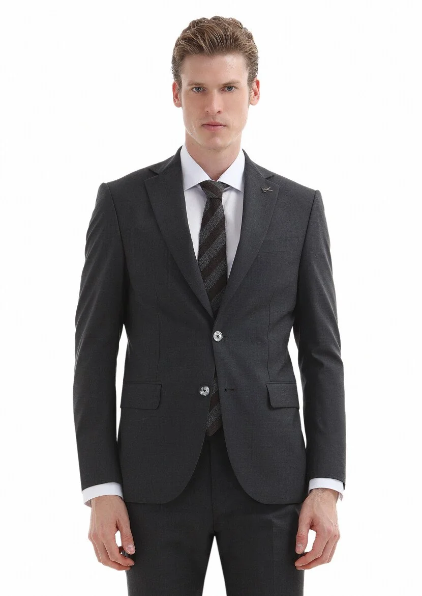 Koyu Gri Düz Modern Fit %100 Yün Takım Elbise - 2