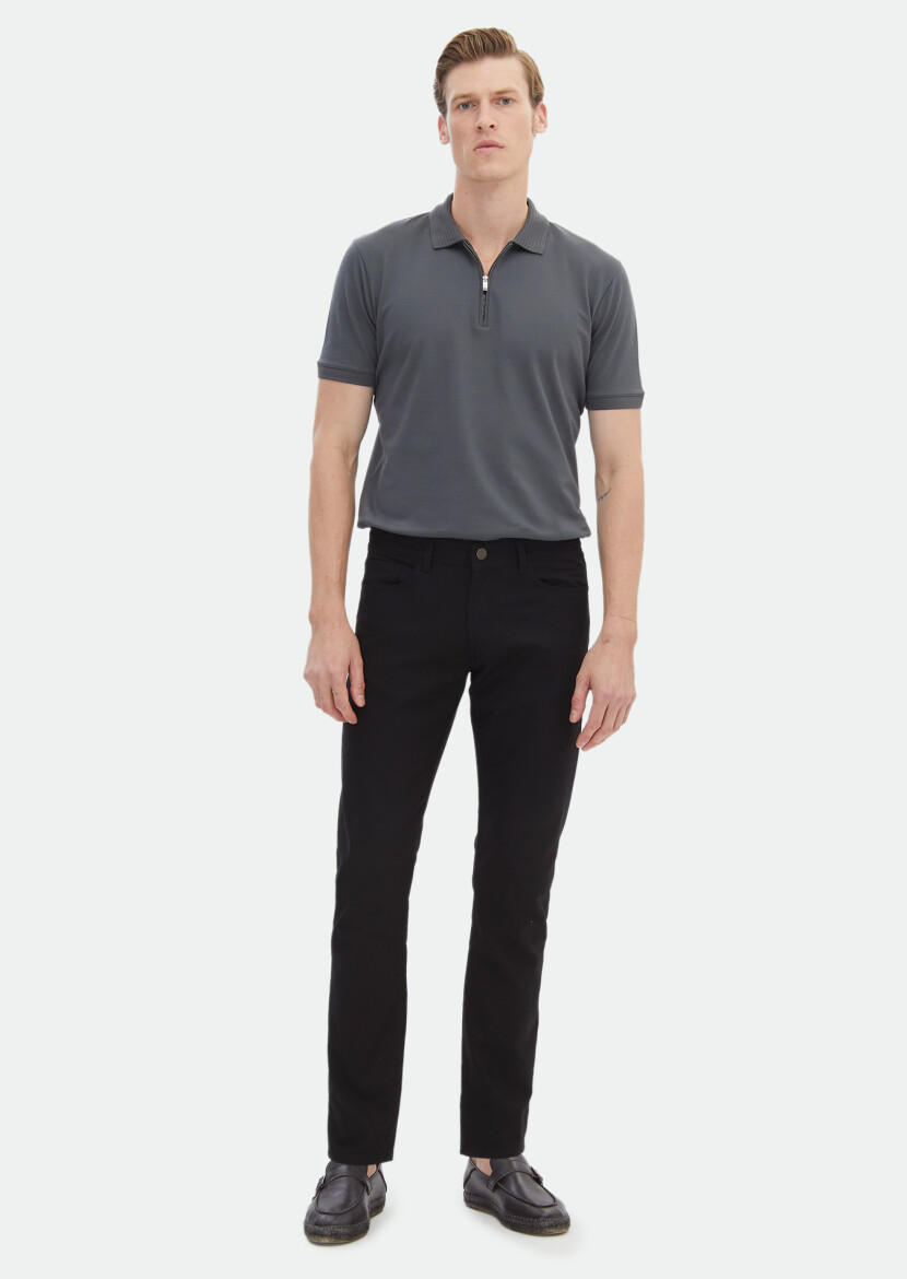 Koyu Gri Düz Polo Yaka %100 Pamuk T-Shirt 