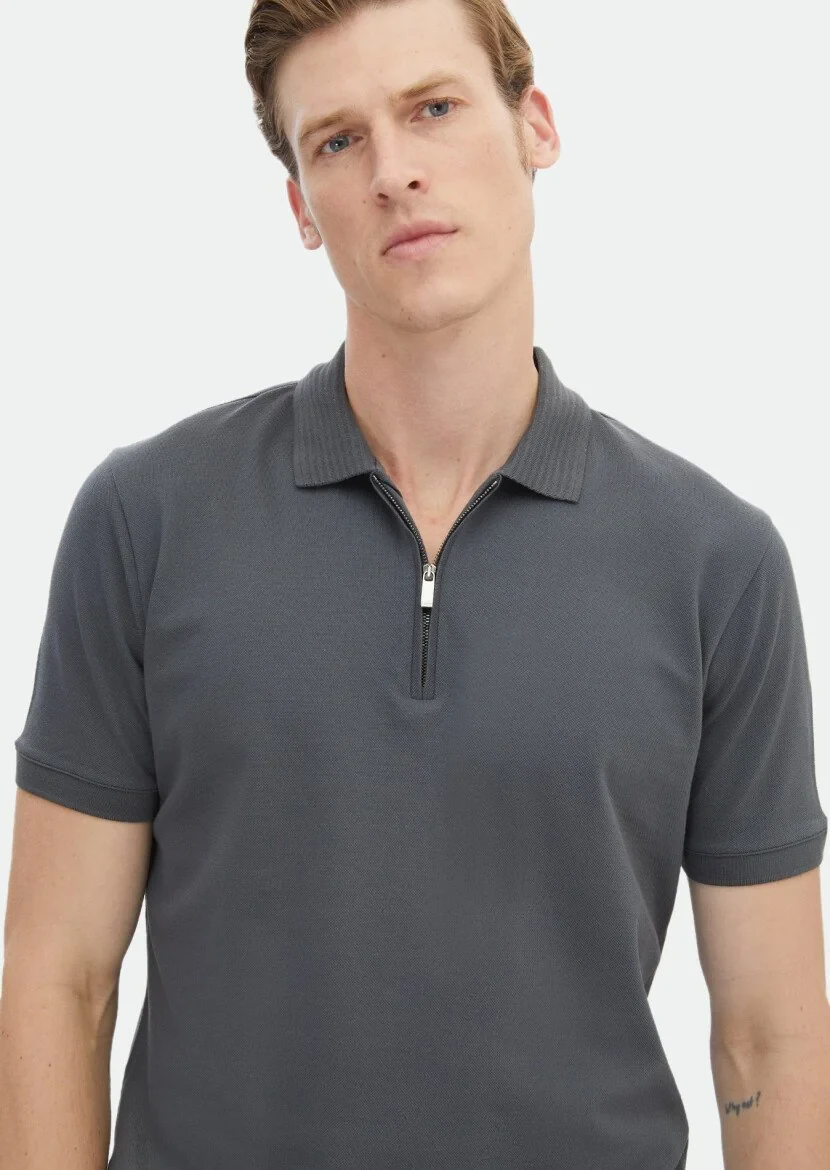 Koyu Gri Düz Polo Yaka %100 Pamuk T-Shirt - 3