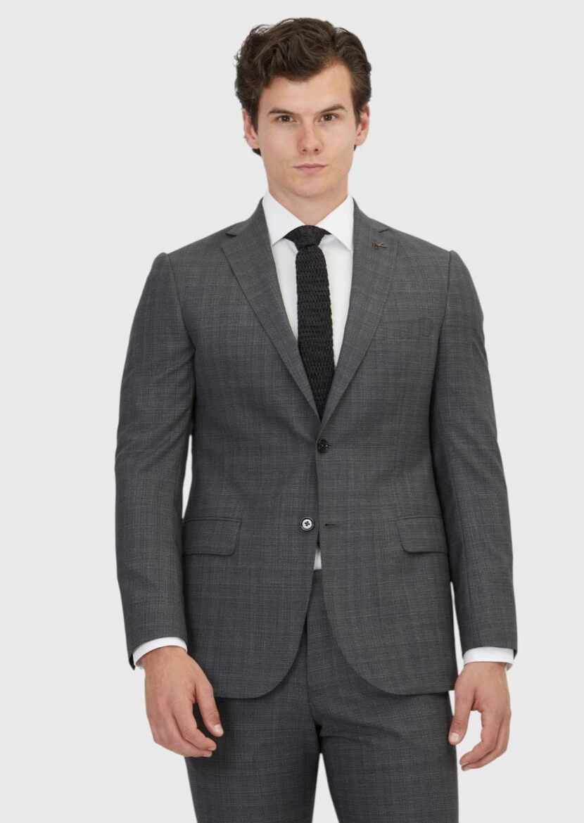 Koyu Gri Düz Regular Fit %100 Yün Takım Elbise - 1