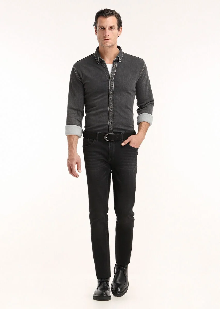 Koyu Gri Düz Regular Fit Denim Pamuk Karışımlı Gömlek - 1