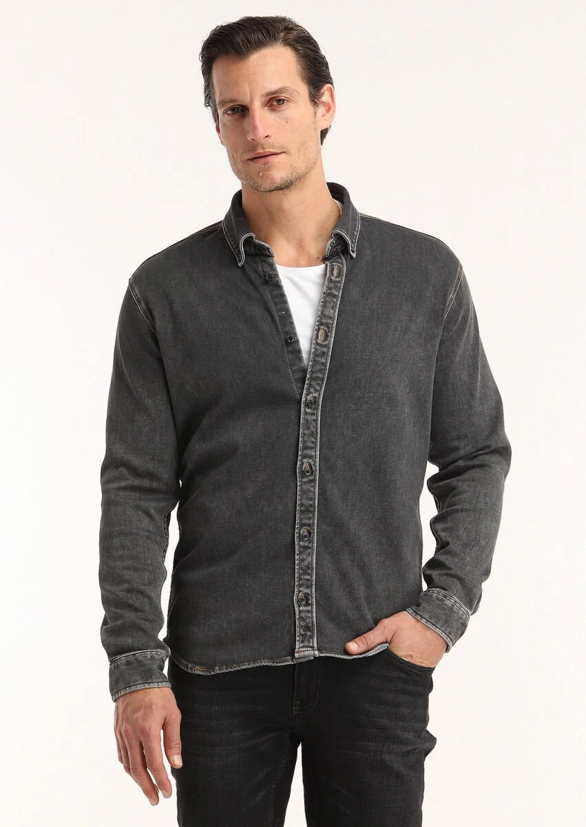 Koyu Gri Düz Regular Fit Denim Pamuk Karışımlı Gömlek - 2