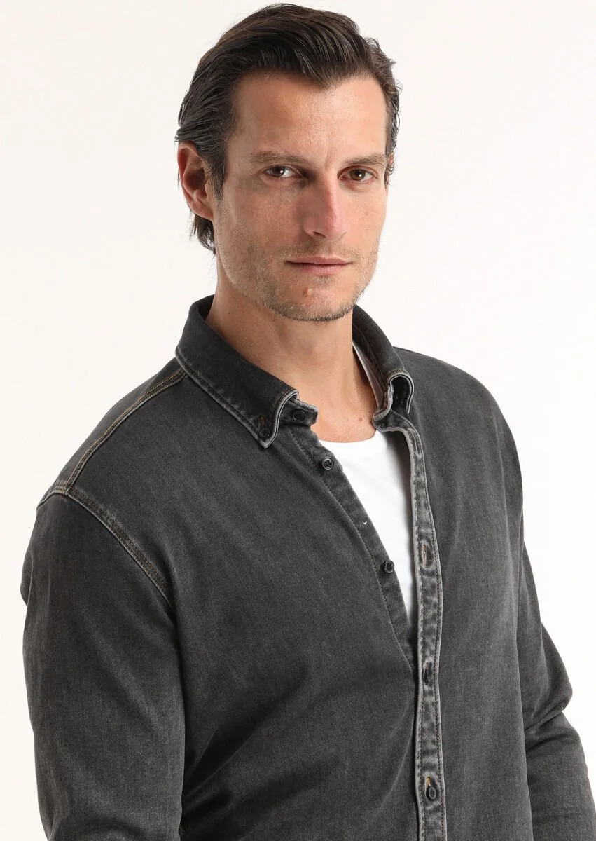 Koyu Gri Düz Regular Fit Denim Pamuk Karışımlı Gömlek - 3