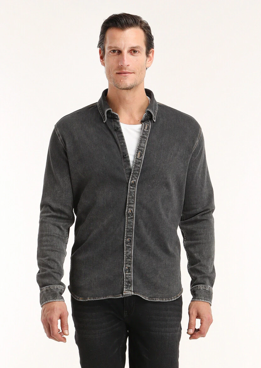Koyu Gri Düz Regular Fit Denim Pamuk Karışımlı Gömlek - 4
