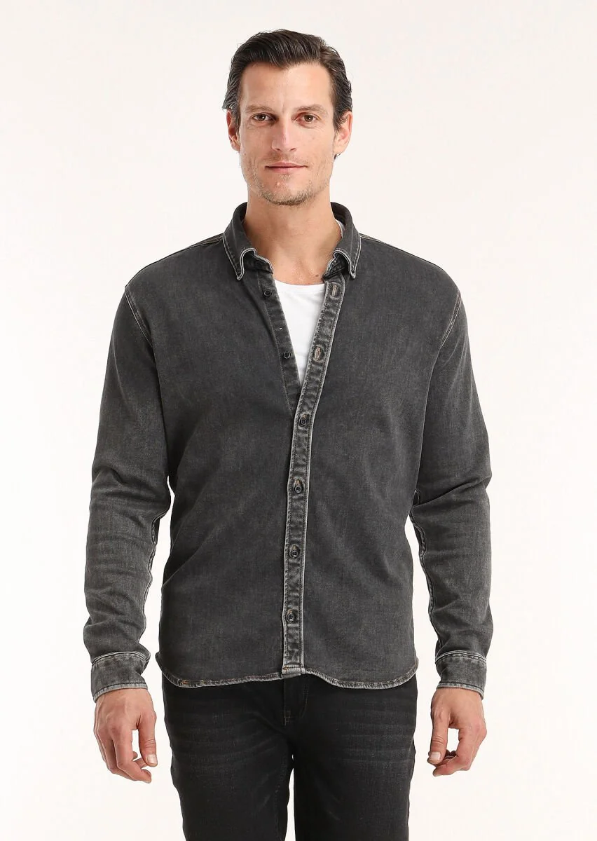 Koyu Gri Düz Regular Fit Denim Pamuk Karışımlı Gömlek - 4