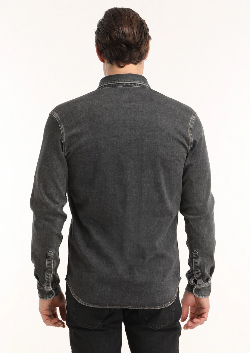 Koyu Gri Düz Regular Fit Denim Pamuk Karışımlı Gömlek - 5