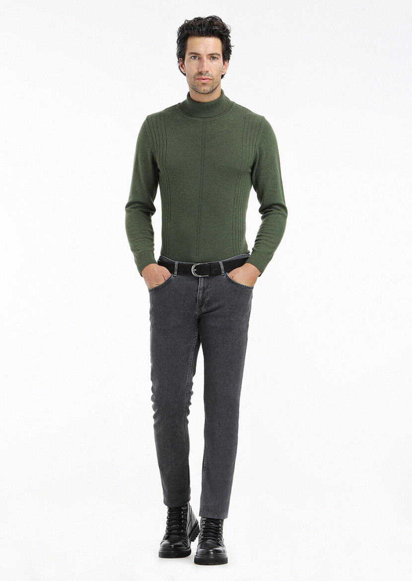 Koyu Gri Düz Slim Fit Denim Pamuk Karışımlı Pantolon - 2