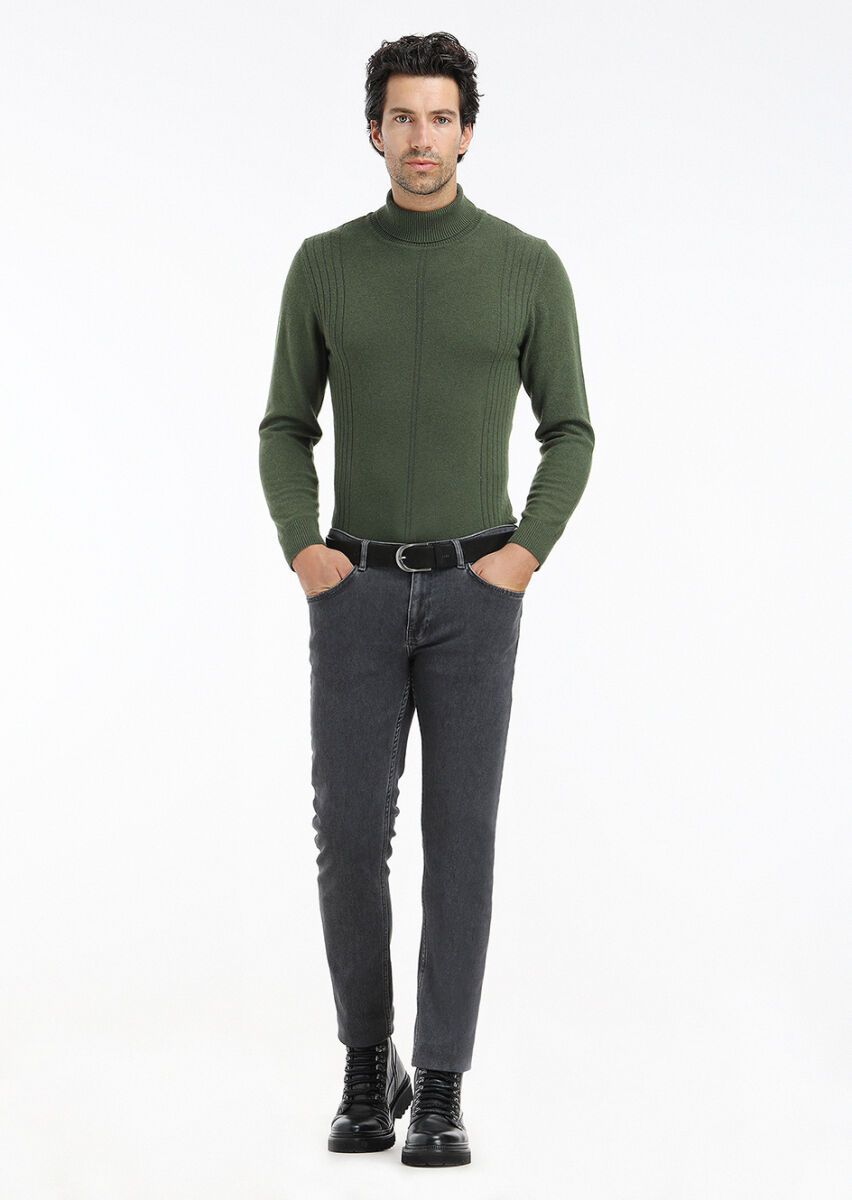 Koyu Gri Düz Slim Fit Denim Pamuk Karışımlı Pantolon - 2