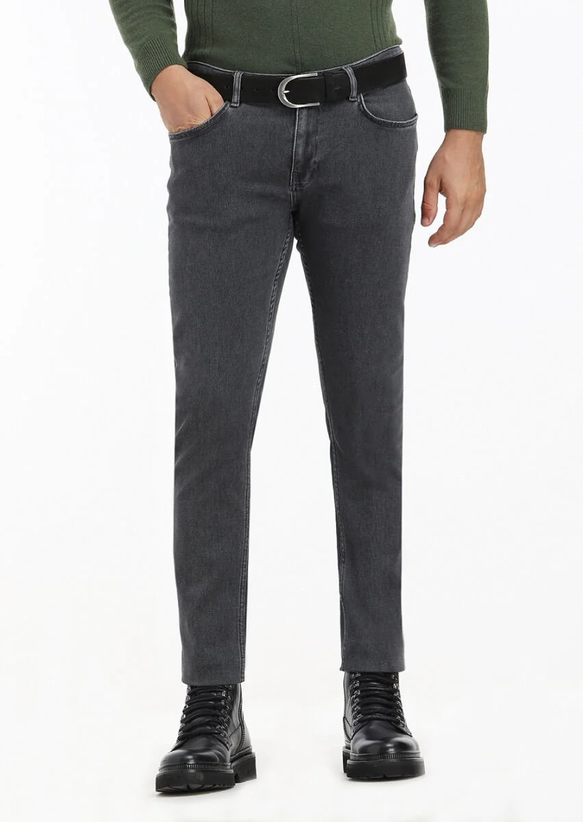 Koyu Gri Düz Slim Fit Denim Pamuk Karışımlı Pantolon - 1
