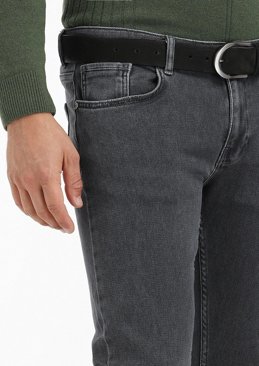 Koyu Gri Düz Slim Fit Denim Pamuk Karışımlı Pantolon - 3