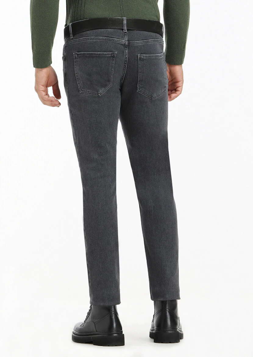 Koyu Gri Düz Slim Fit Denim Pamuk Karışımlı Pantolon - 4