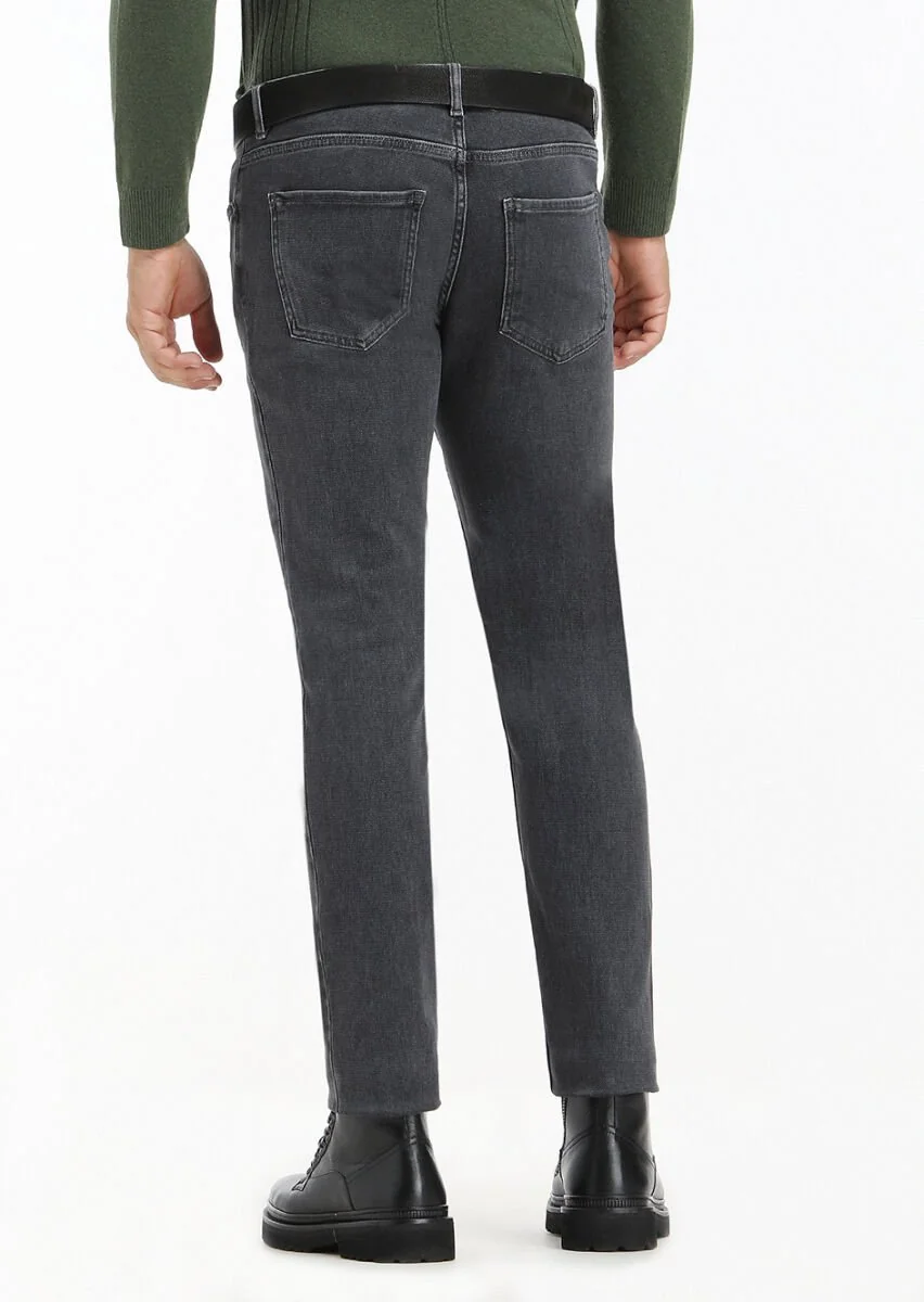 Koyu Gri Düz Slim Fit Denim Pamuk Karışımlı Pantolon - 4