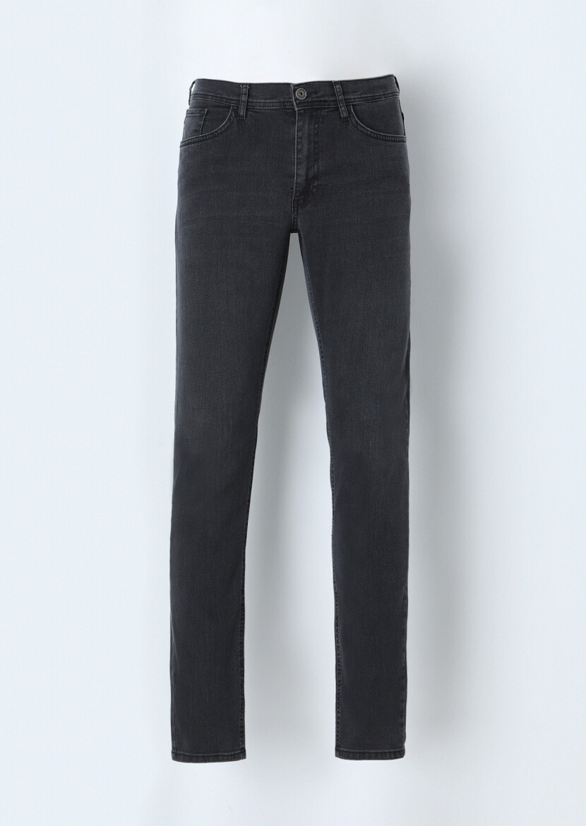 Koyu Gri Düz Slim Fit Denim Pamuk Karışımlı Pantolon - 1